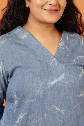 Plus Size Denim Cotton V Neck Kurta Marble Wash