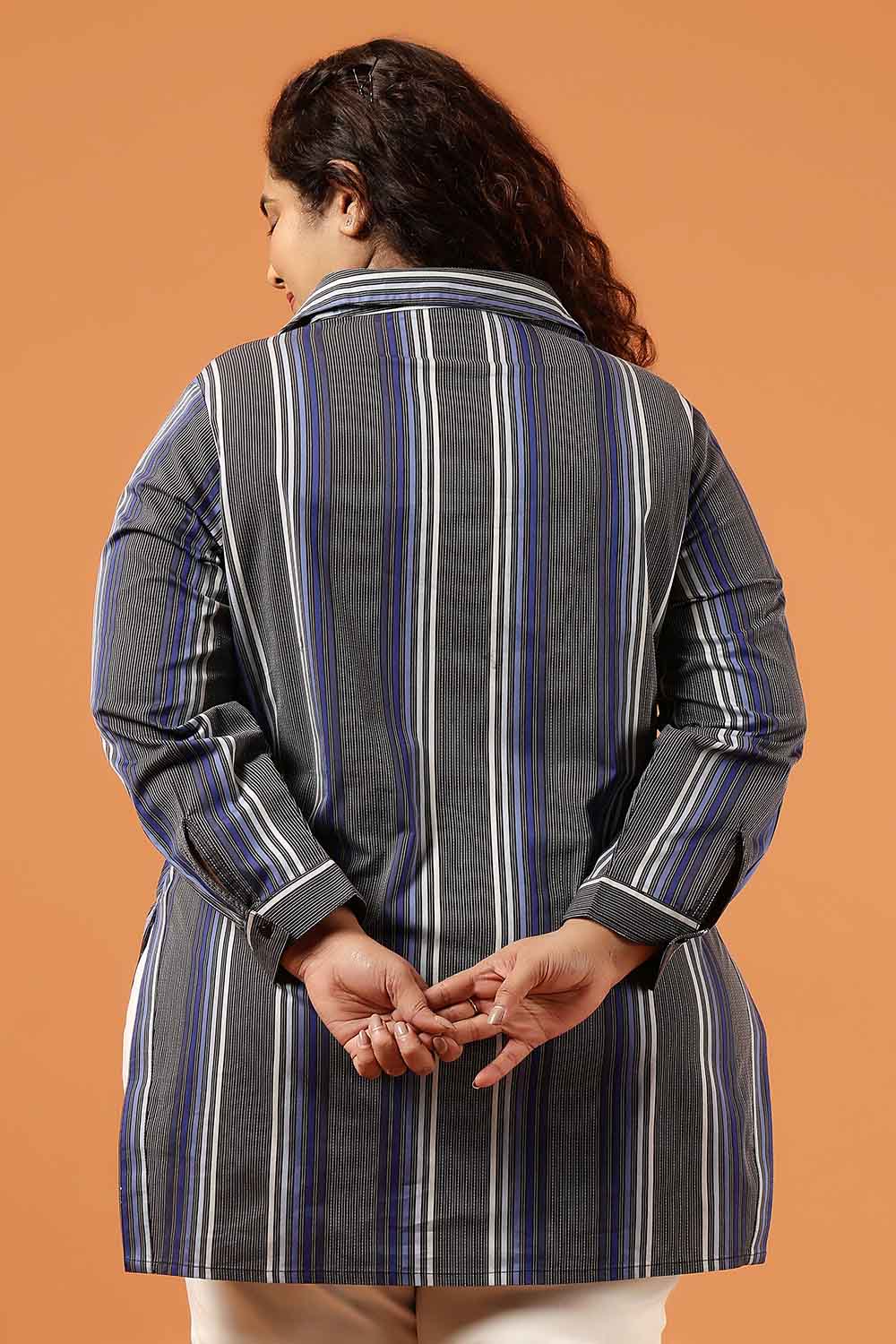 Plus Size Grey & Blue Striped Cotton High Slit Longline Shirt