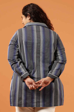 Plus Size Grey & Blue Striped Cotton High Slit Longline Shirt