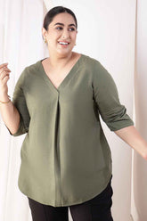 Plus Size Olive Green V-Neck Cotton Linen Top