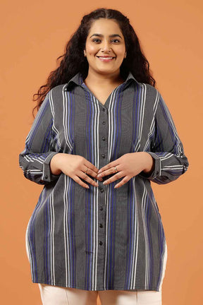 Plus Size Grey & Blue Striped Cotton High Slit Longline Shirt