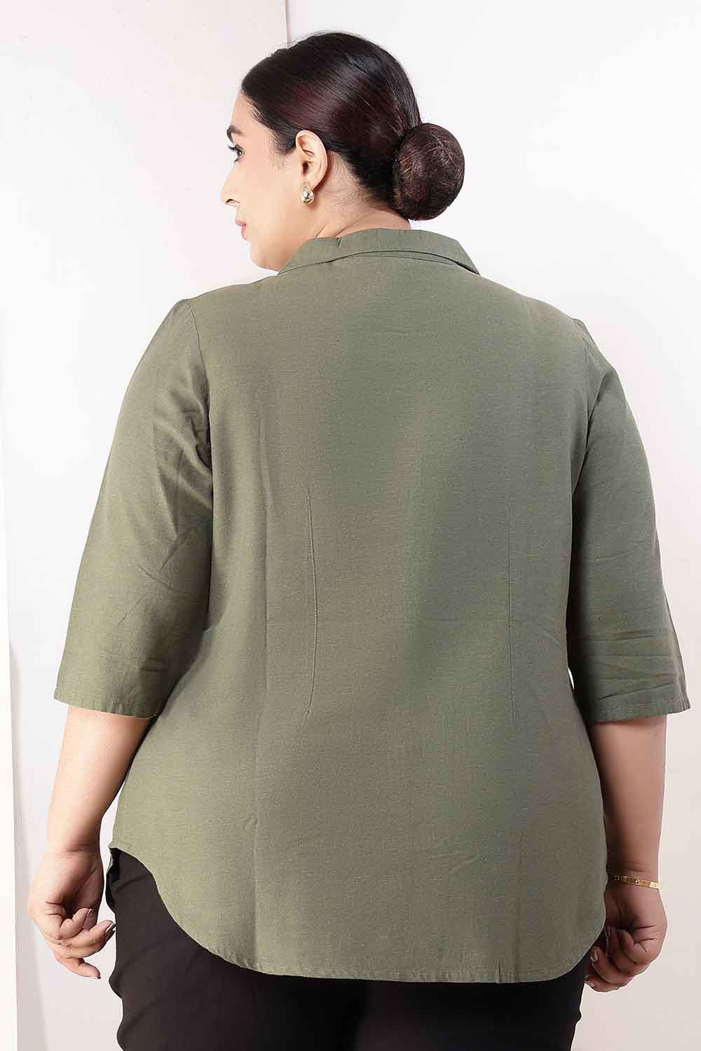 Plus Size Olive Green Cotton Linen Cuban Collar Shirt