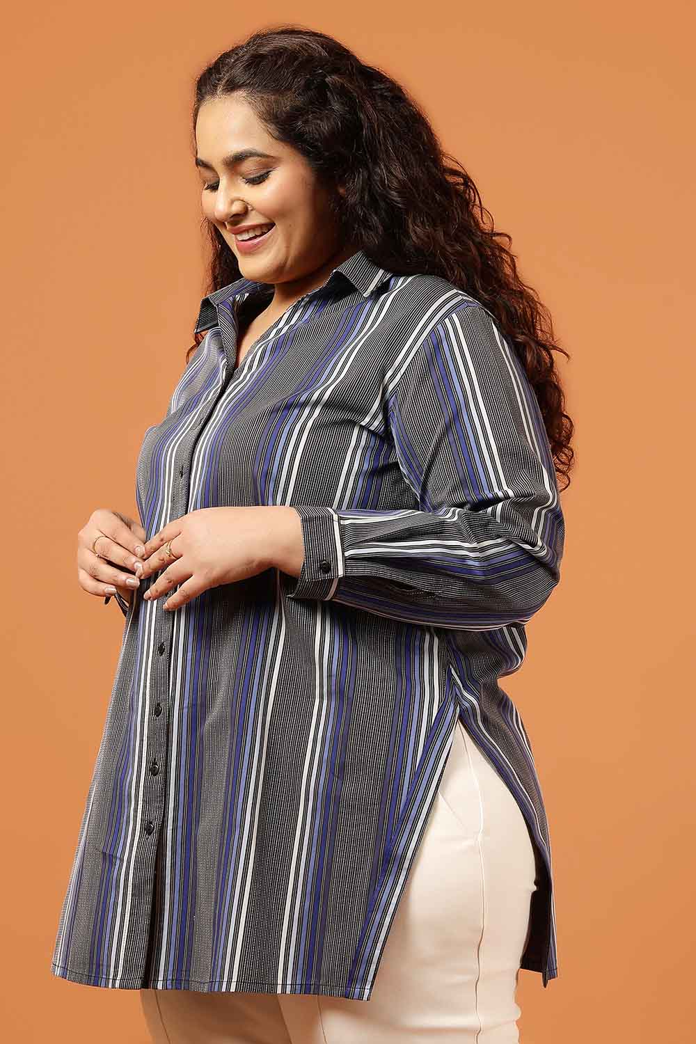 Plus Size Plus Size Grey & Blue Striped Cotton High Slit Longline Shirt