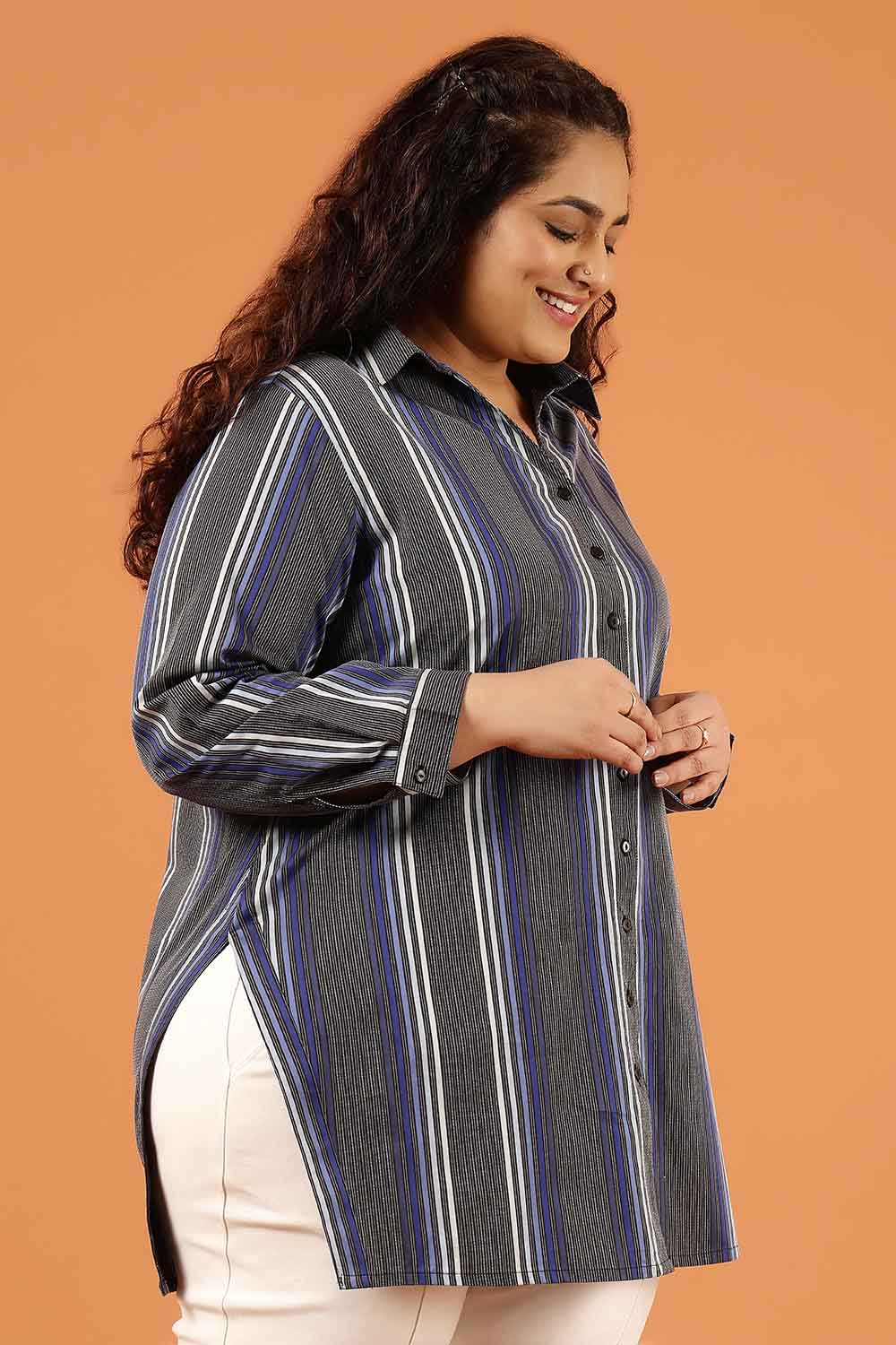 Plus Size Grey & Blue Striped Cotton High Slit Longline Shirt for Women