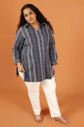 Plus Size Grey & Blue Striped Cotton High Slit Longline Shirt