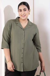 Plus Size Olive Green Cotton Linen Cuban Collar Shirt