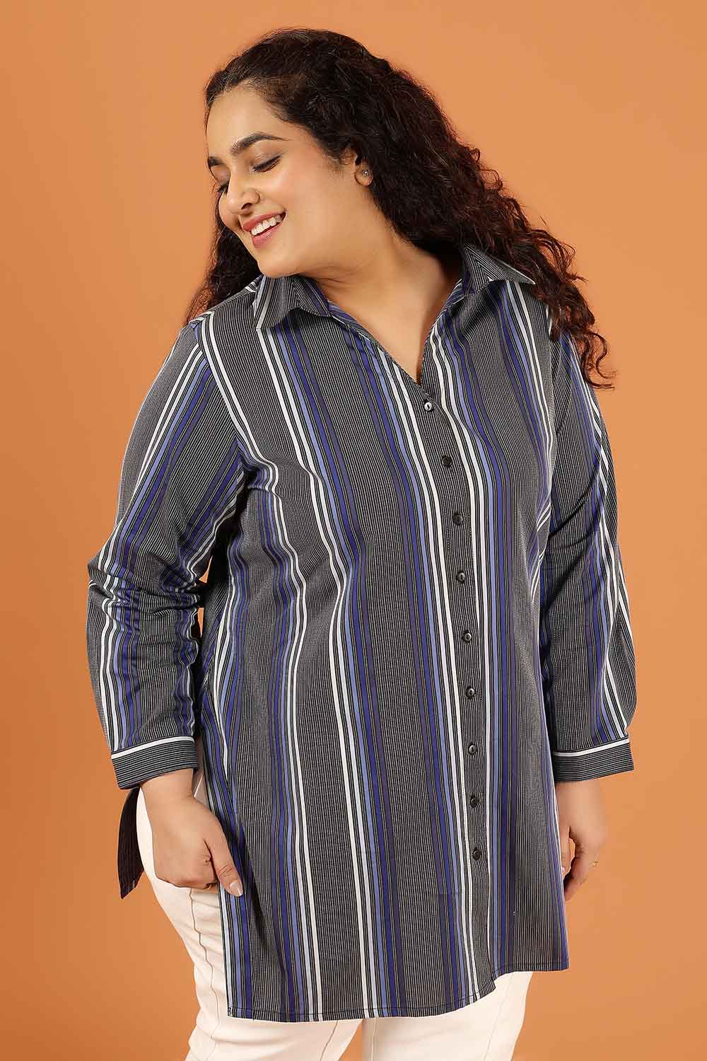 Plus Size Grey & Blue Striped Cotton High Slit Longline Shirt