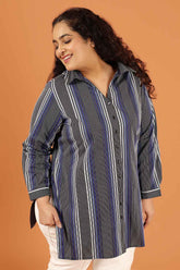 Plus Size Grey & Blue Striped Cotton High Slit Longline Shirt