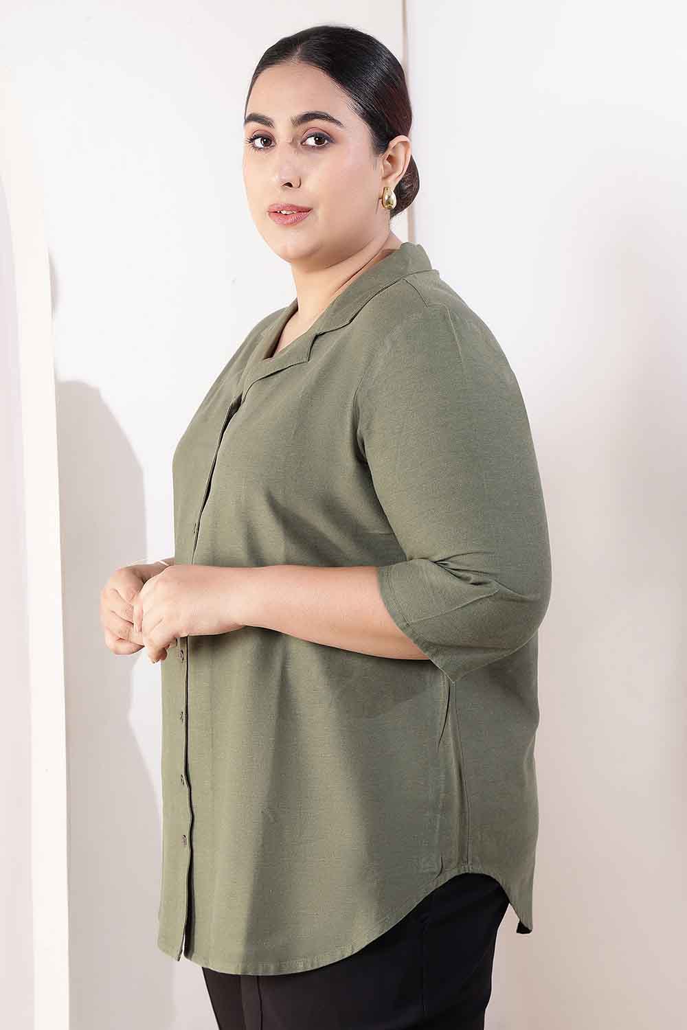 Plus Size Olive Green Cotton Linen Cuban Collar Shirt for Women
