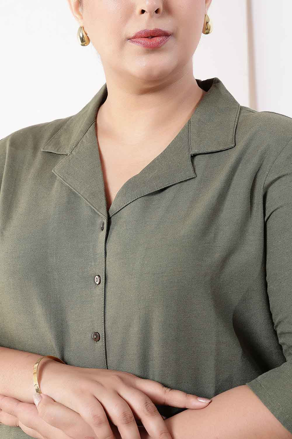 Comfortable Plus Size Olive Green Cotton Linen Cuban Collar Shirt
