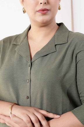 Plus Size Olive Green Cotton Linen Cuban Collar Shirt
