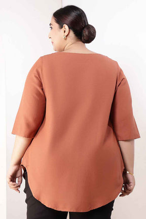 Plus Size  Mocha Brown V-Neck Cotton Linen Top