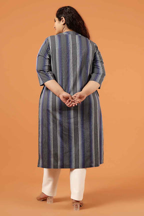 Plus Size Grey & Blue Striped Cotton V Neck Kurta