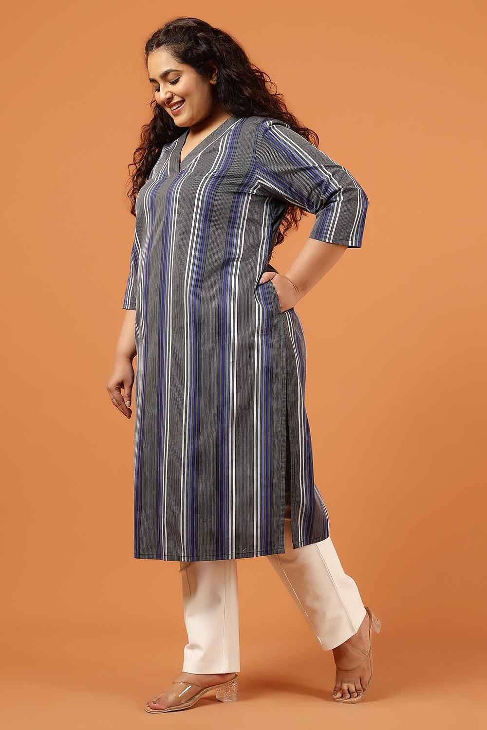 Plus Size Grey & Blue Striped Cotton V Neck Kurta for Women