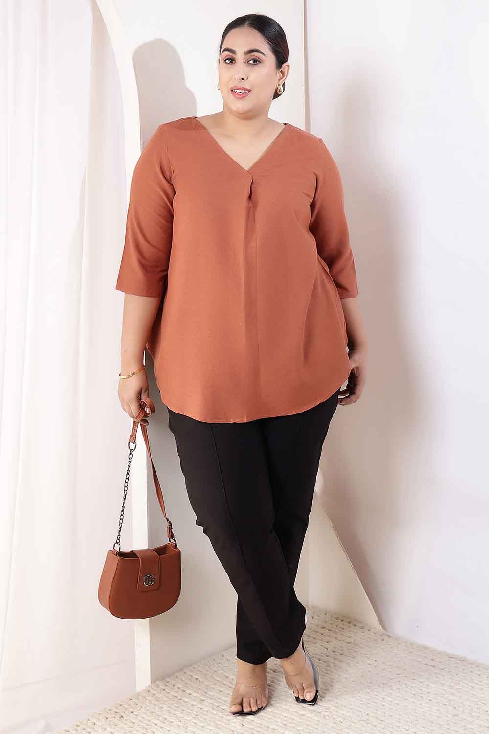 Buy Plus Size  Mocha Brown V-Neck Cotton Linen Top