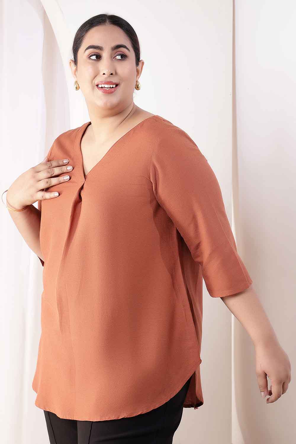 Plus Size Plus Size  Mocha Brown V-Neck Cotton Linen Top