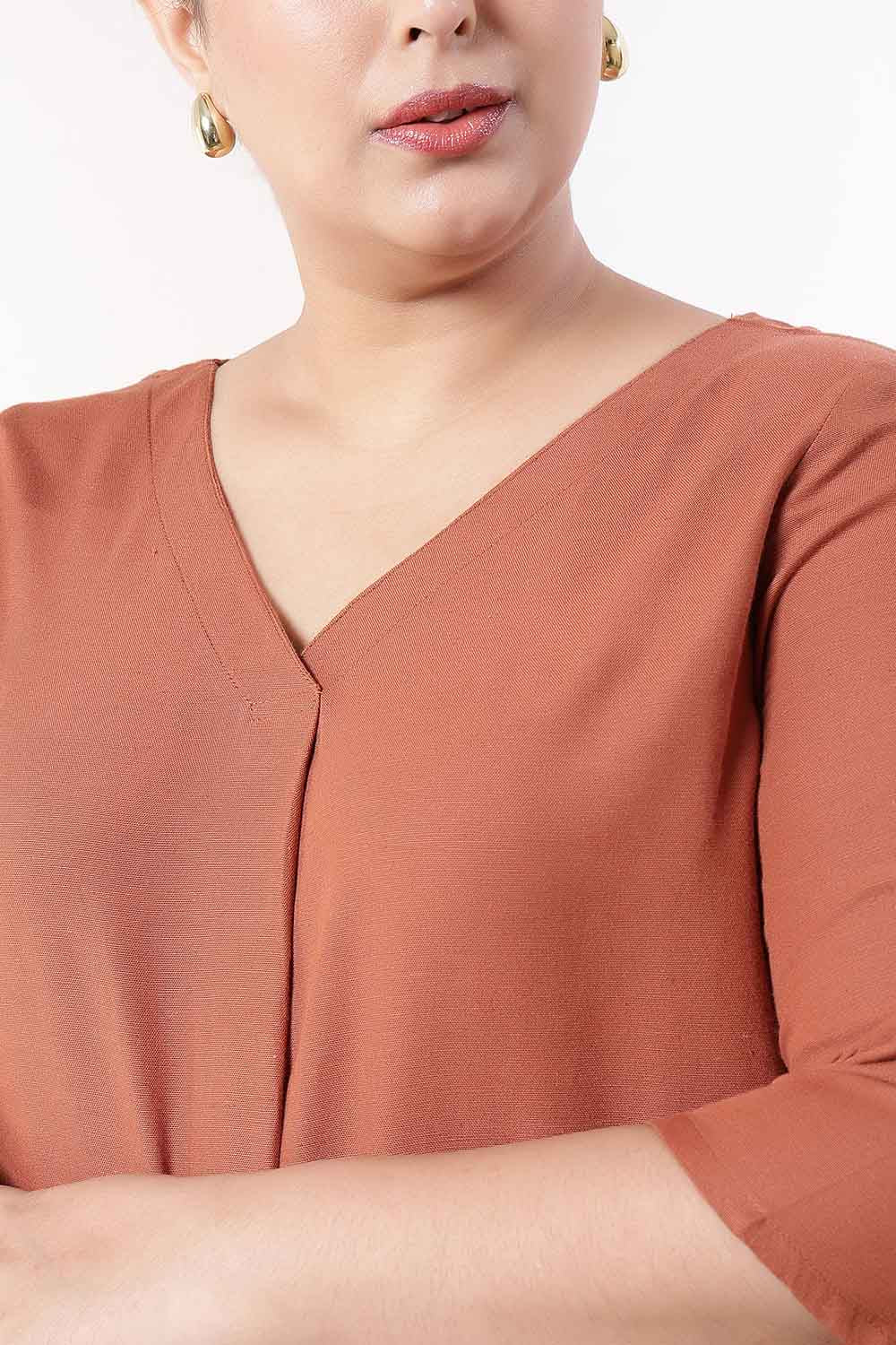 Plus Size  Mocha Brown V-Neck Cotton Linen Top for Women