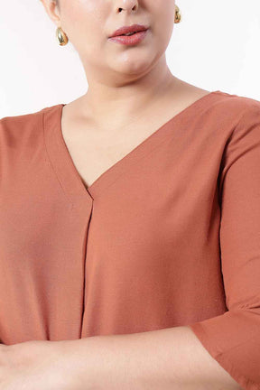 Plus Size  Mocha Brown V-Neck Cotton Linen Top