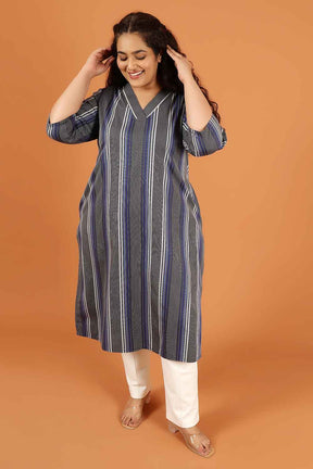 Plus Size Grey & Blue Striped Cotton V Neck Kurta