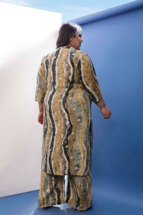 Plus Size Earthy Abstract Print V Neck Kurta Coord Set