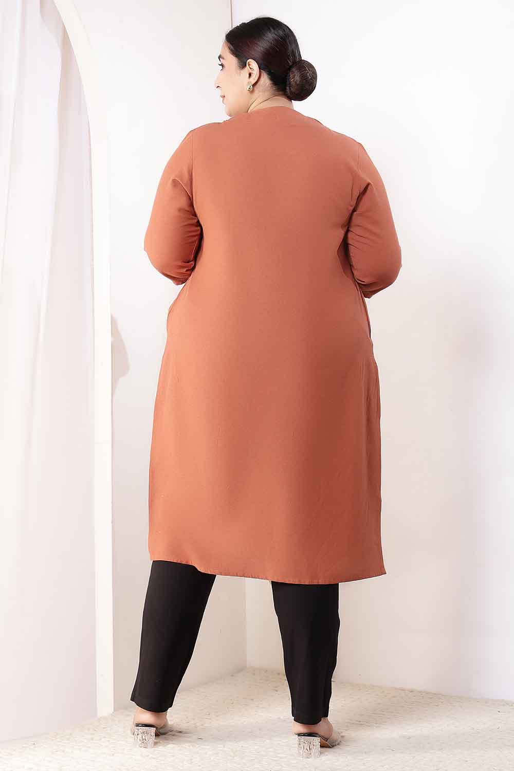 Plus Size  Mocha Brown V-Neck Cotton Linen V Neck Kurta