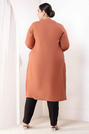 Plus Size  Mocha Brown V-Neck Cotton Linen V Neck Kurta
