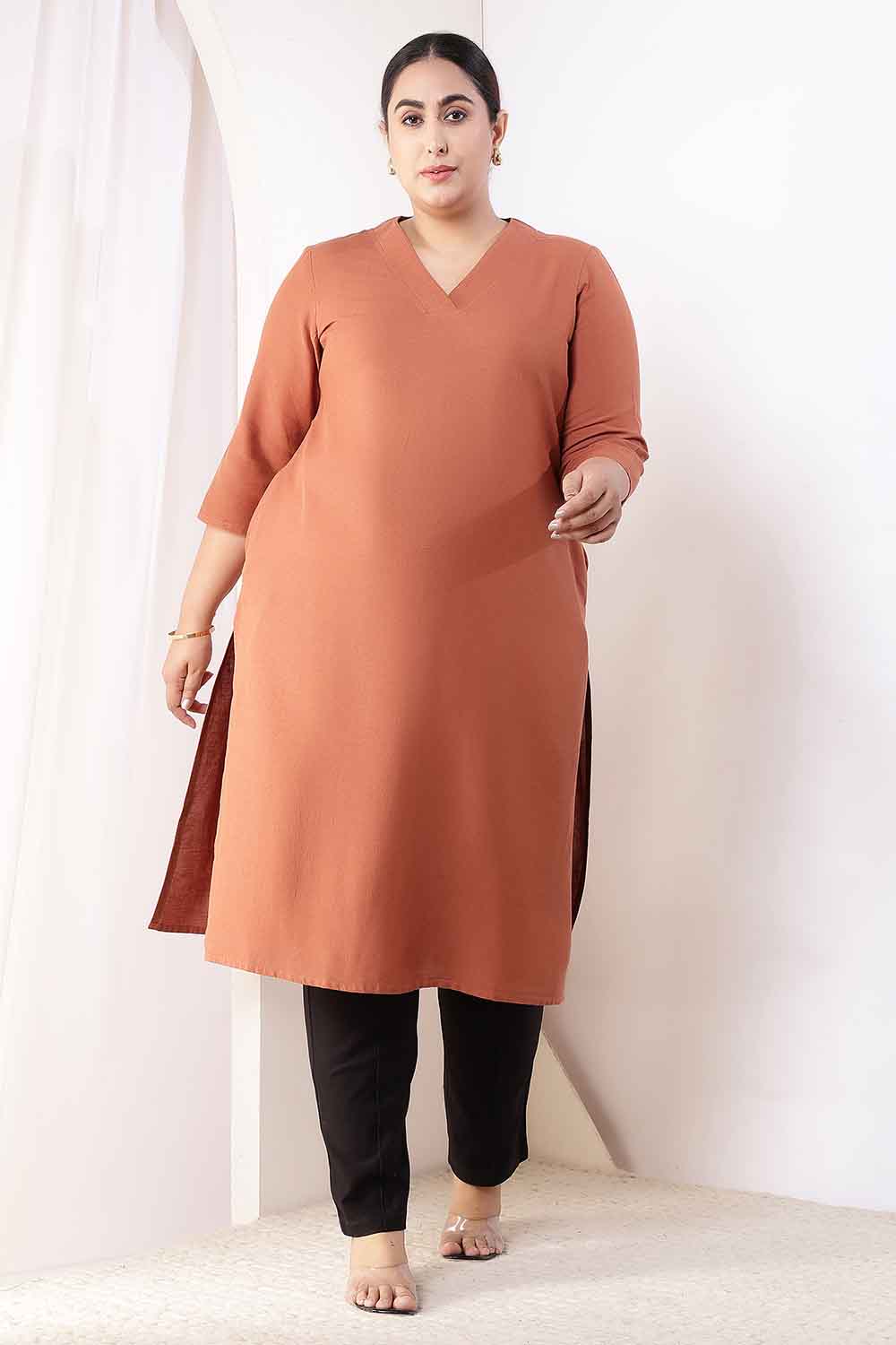 Plus Size  Mocha Brown V-Neck Cotton Linen V Neck Kurta for Women
