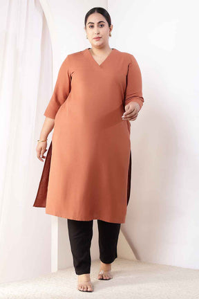 Plus Size  Mocha Brown V-Neck Cotton Linen V Neck Kurta
