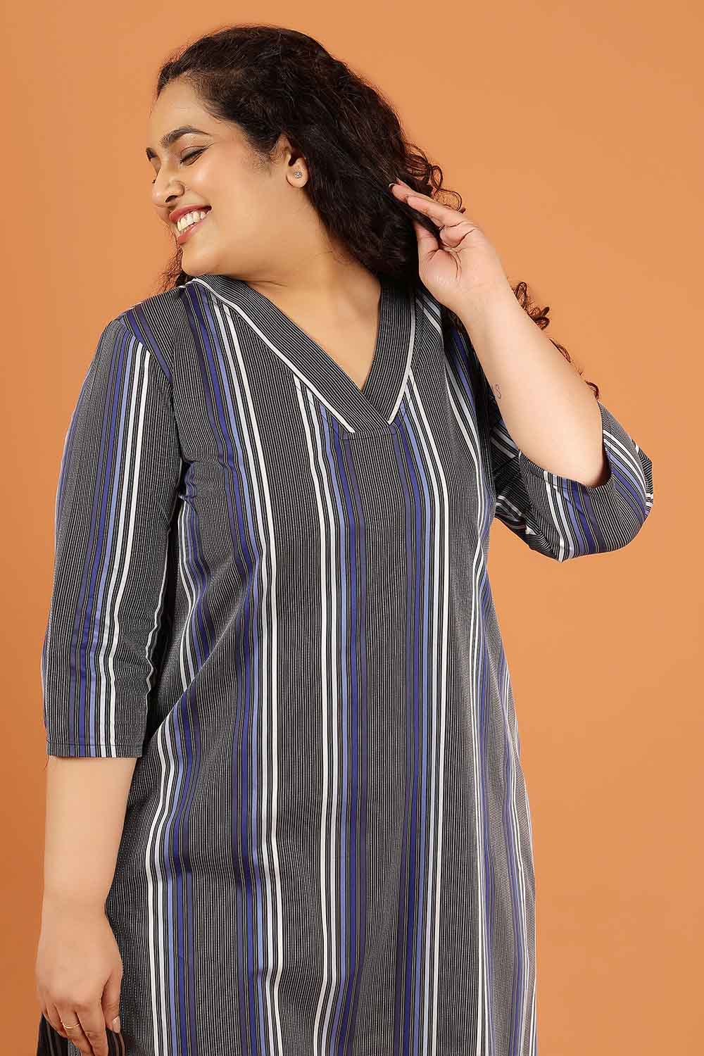 Plus Size Grey & Blue Striped Cotton V Neck Kurta