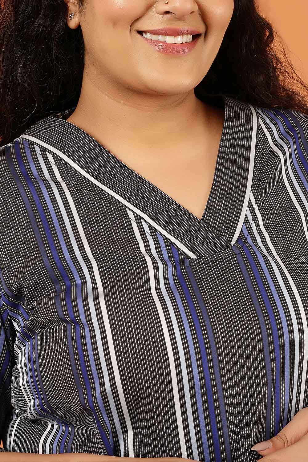 Comfortable Plus Size Grey & Blue Striped Cotton V Neck Kurta