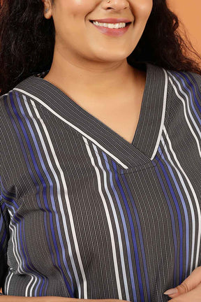 Plus Size Grey & Blue Striped Cotton V Neck Kurta