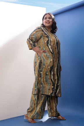 Plus Size Earthy Abstract Print V Neck Kurta Coord Set