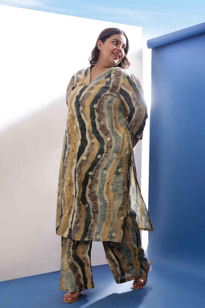 Plus Size Earthy Abstract Print V Neck Kurta Coord Set