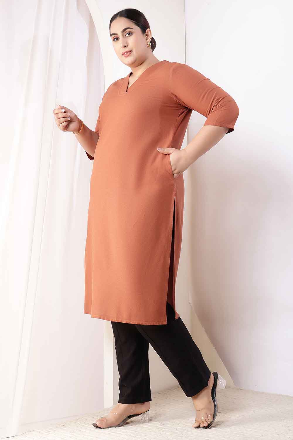 Plus Size Plus Size  Mocha Brown V-Neck Cotton Linen V Neck Kurta