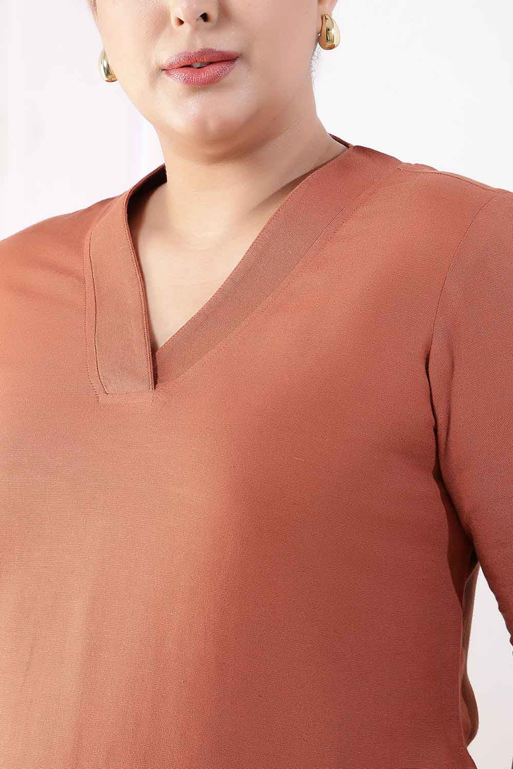 Comfortable Plus Size  Mocha Brown V-Neck Cotton Linen V Neck Kurta