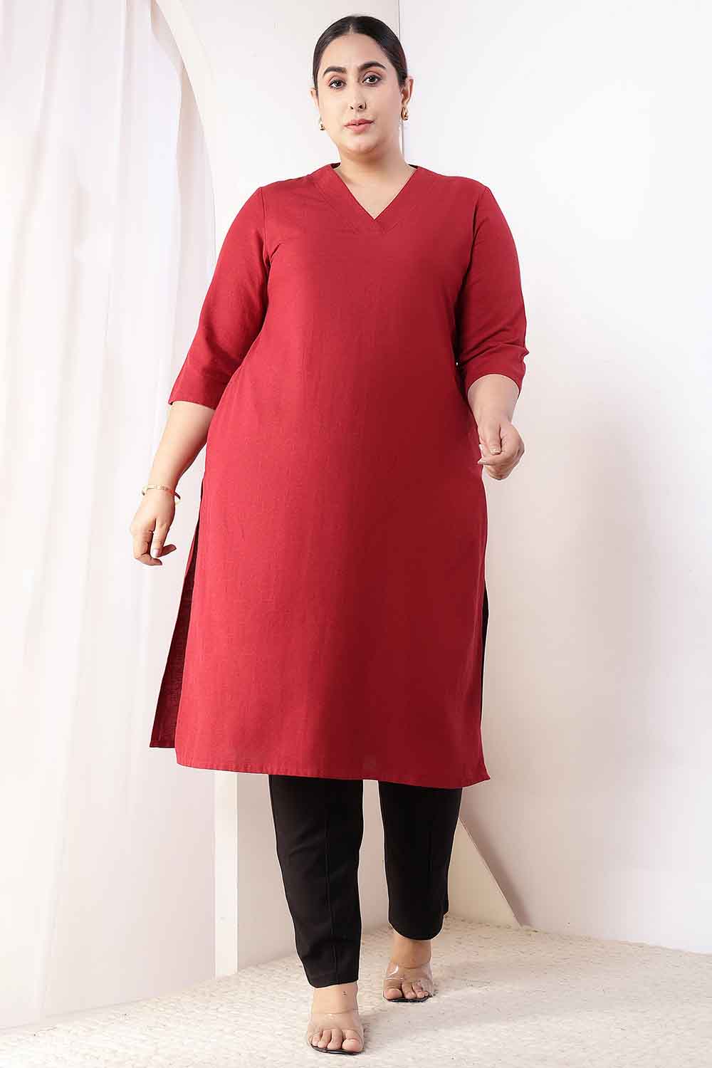 Plus Size Plus Size Maroon V-Neck Cotton Linen V Neck Kurta