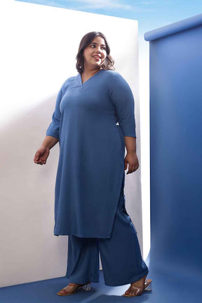 Plus Size Blue Rayon Twill V Neck Kurta Coord Set