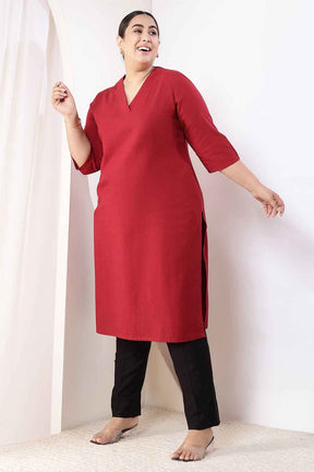 Plus Size Maroon V-Neck Cotton Linen V Neck Kurta