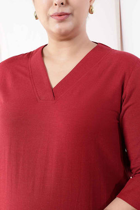 Plus Size Maroon V-Neck Cotton Linen V Neck Kurta