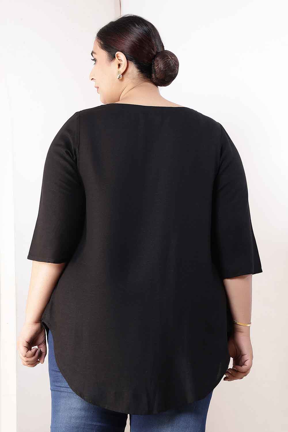 Plus Size Black V-Neck Cotton Linen Top
