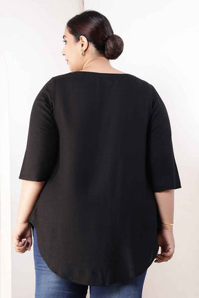 Plus Size Black V-Neck Cotton Linen Top