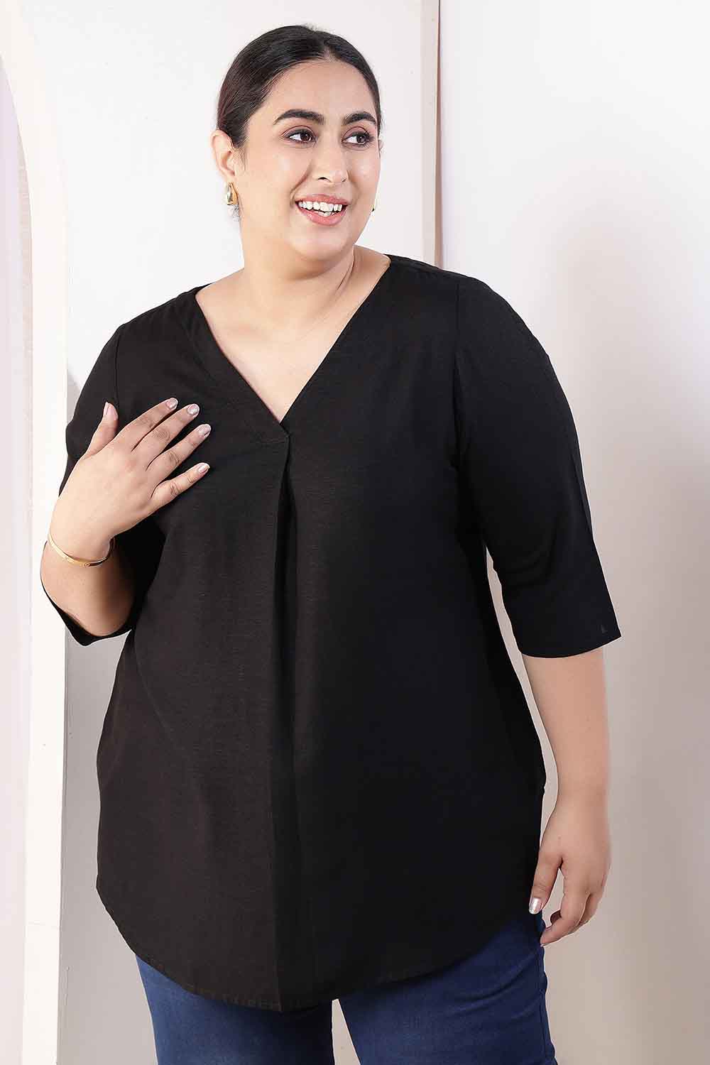 Plus Size Black V-Neck Cotton Linen Top for Women
