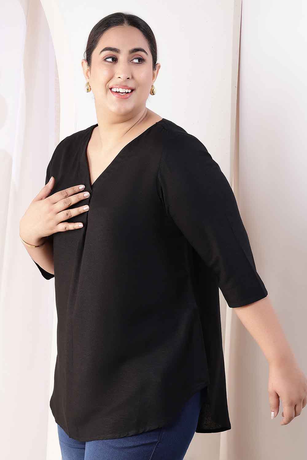 Plus Size Plus Size Black V-Neck Cotton Linen Top