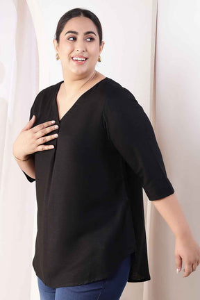 Plus Size Black V-Neck Cotton Linen Top