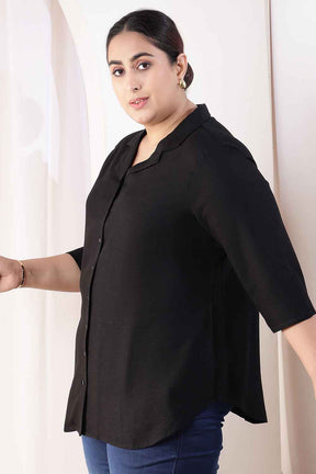 Plus Size Black Cotton Linen Cuban Collar Shirt