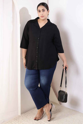 Plus Size Black Cotton Linen Cuban Collar Shirt