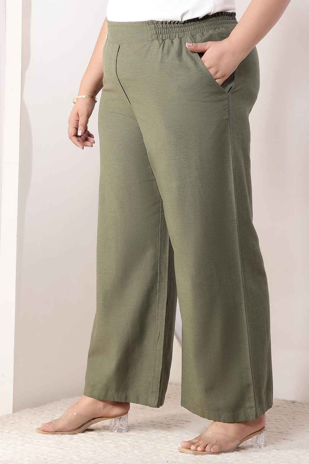 Comfortable Plus Size Olive Green Cotton Linen Kurta Coord Set