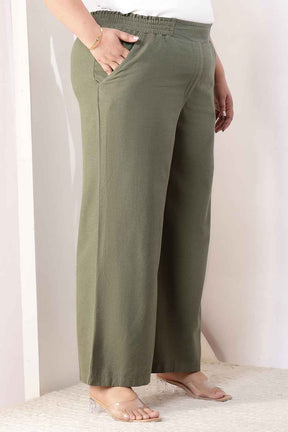 Plus Size Olive Green Cotton Linen High Waist Pants