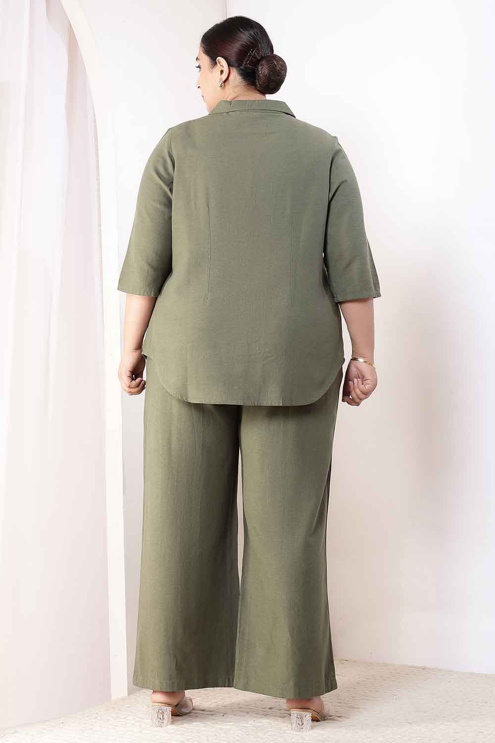 Plus Size Olive Green Cotton Linen Shirt Coord Set