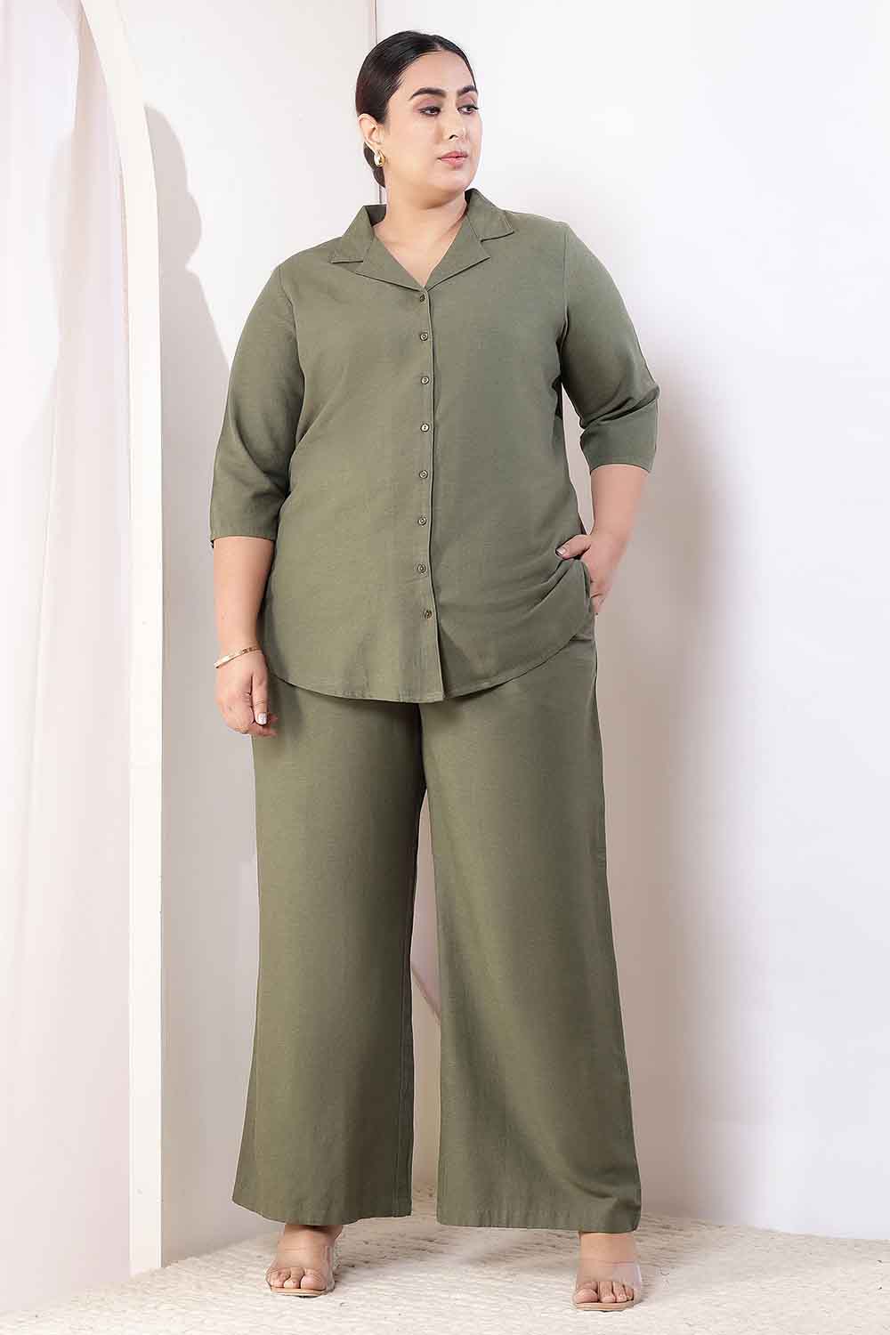 Comfortable Plus Size Olive Green Cotton Linen Shirt Coord Set
